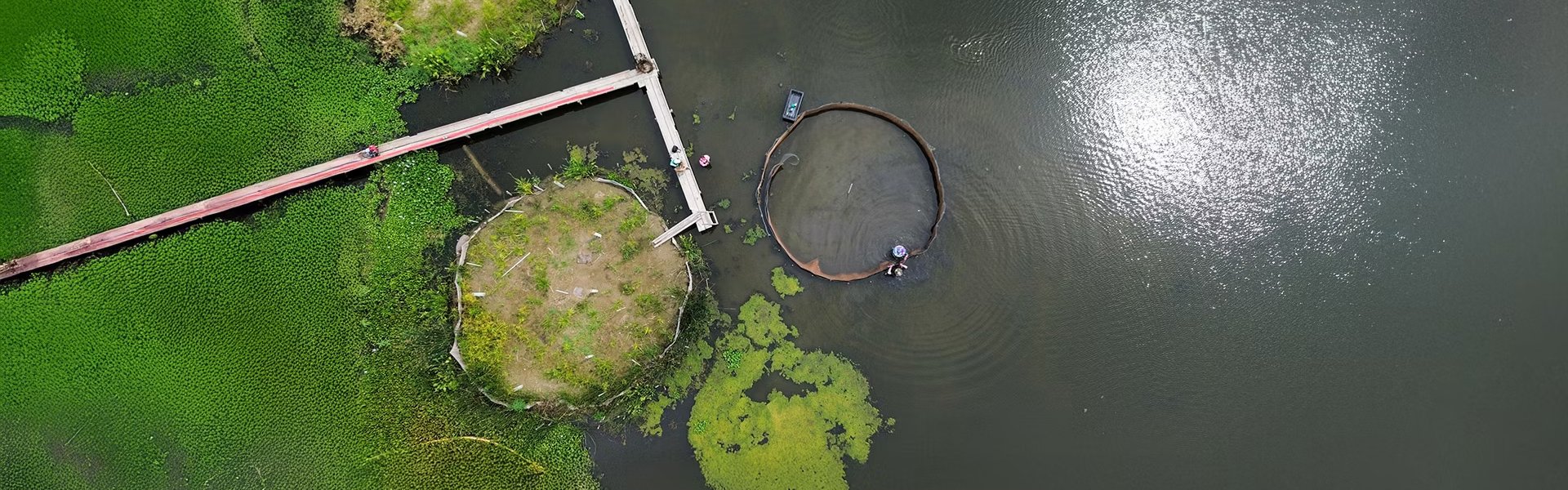 Pogled iz zraka na dva otoka, posajena z rastlinjem, in tretjega v gradnji.