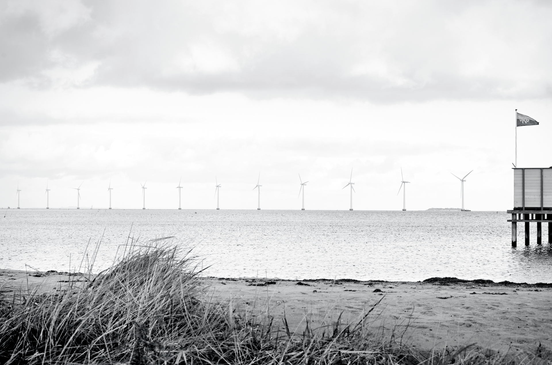 Črno bela slika obale. Peščena plaža, v ozadju vetrnice za pridobivanje elektrike.