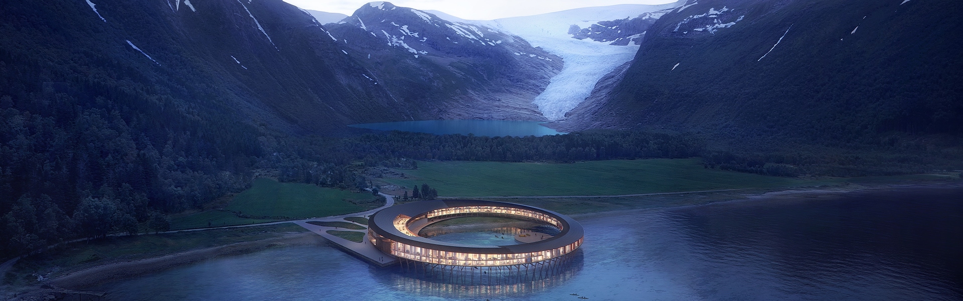 Futuristični okrogli hotel v zalivu, v ozadju ledenik