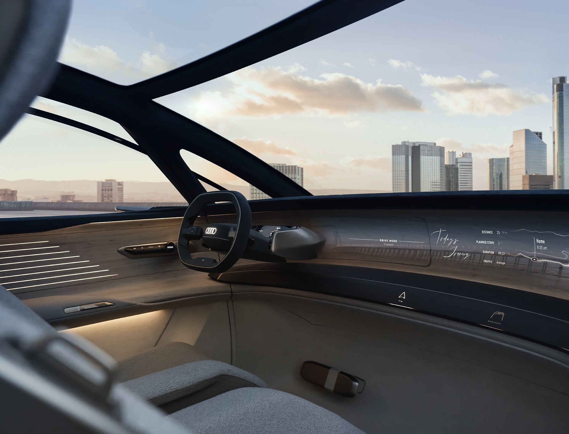 Notranjost konceptnega vozila Audi urbansphere s pogledom na volan.