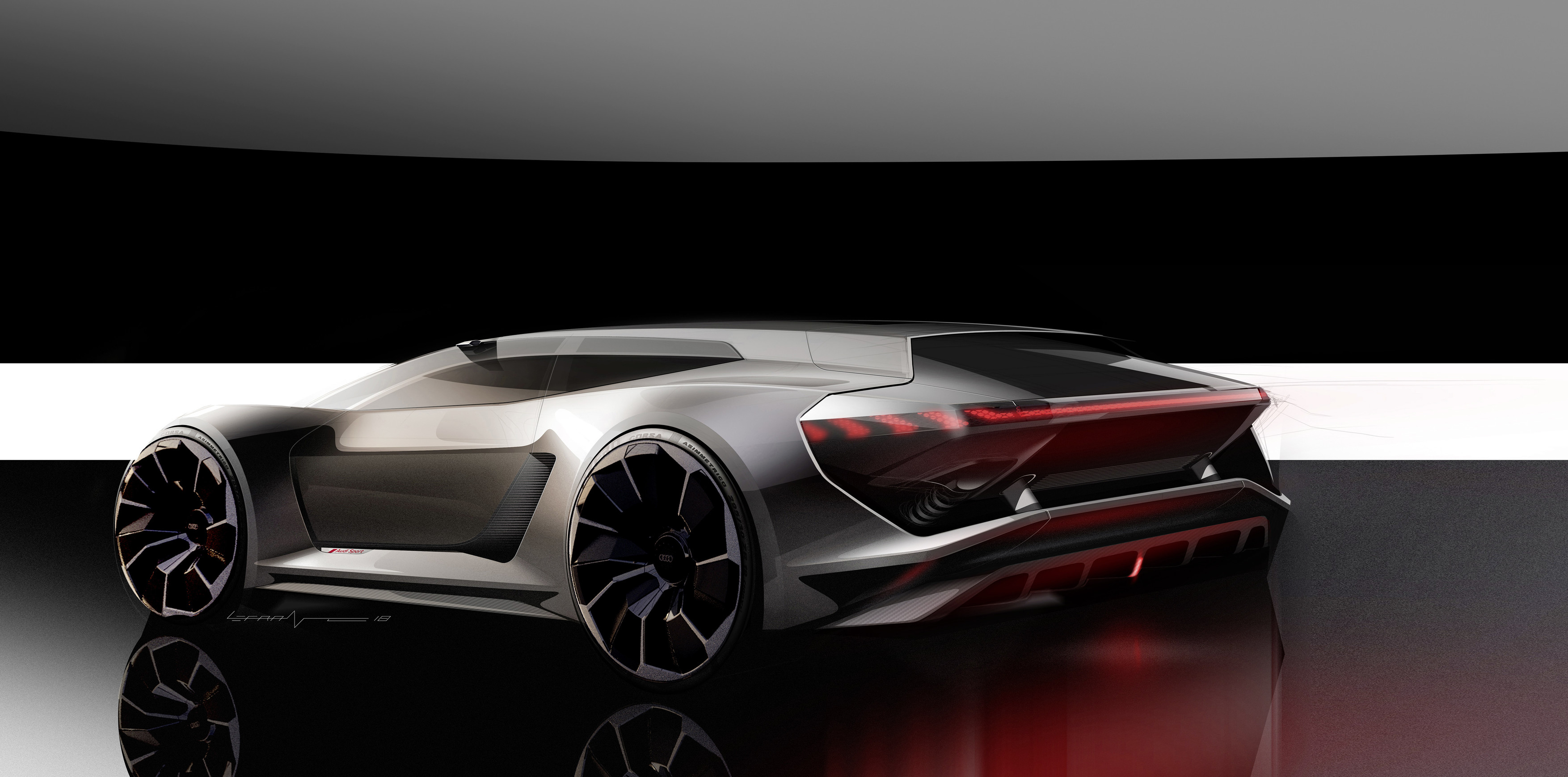 Audi PB18 E-Tron slikan od strani v futuristični sobi