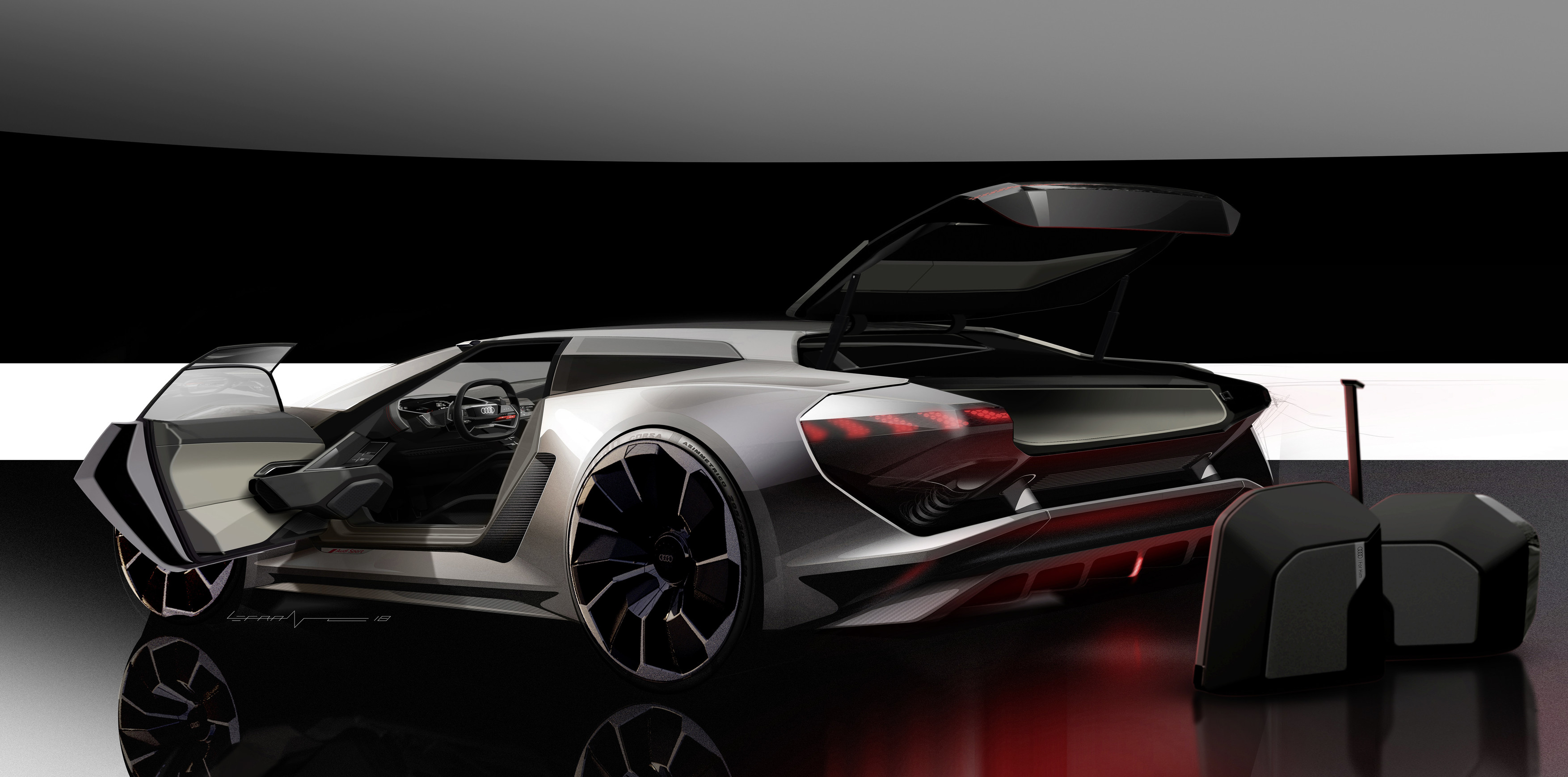Audi PB18 E-Tron slikan od strani, z odprtimi vrati in prtljažnikom v futuristični sobi