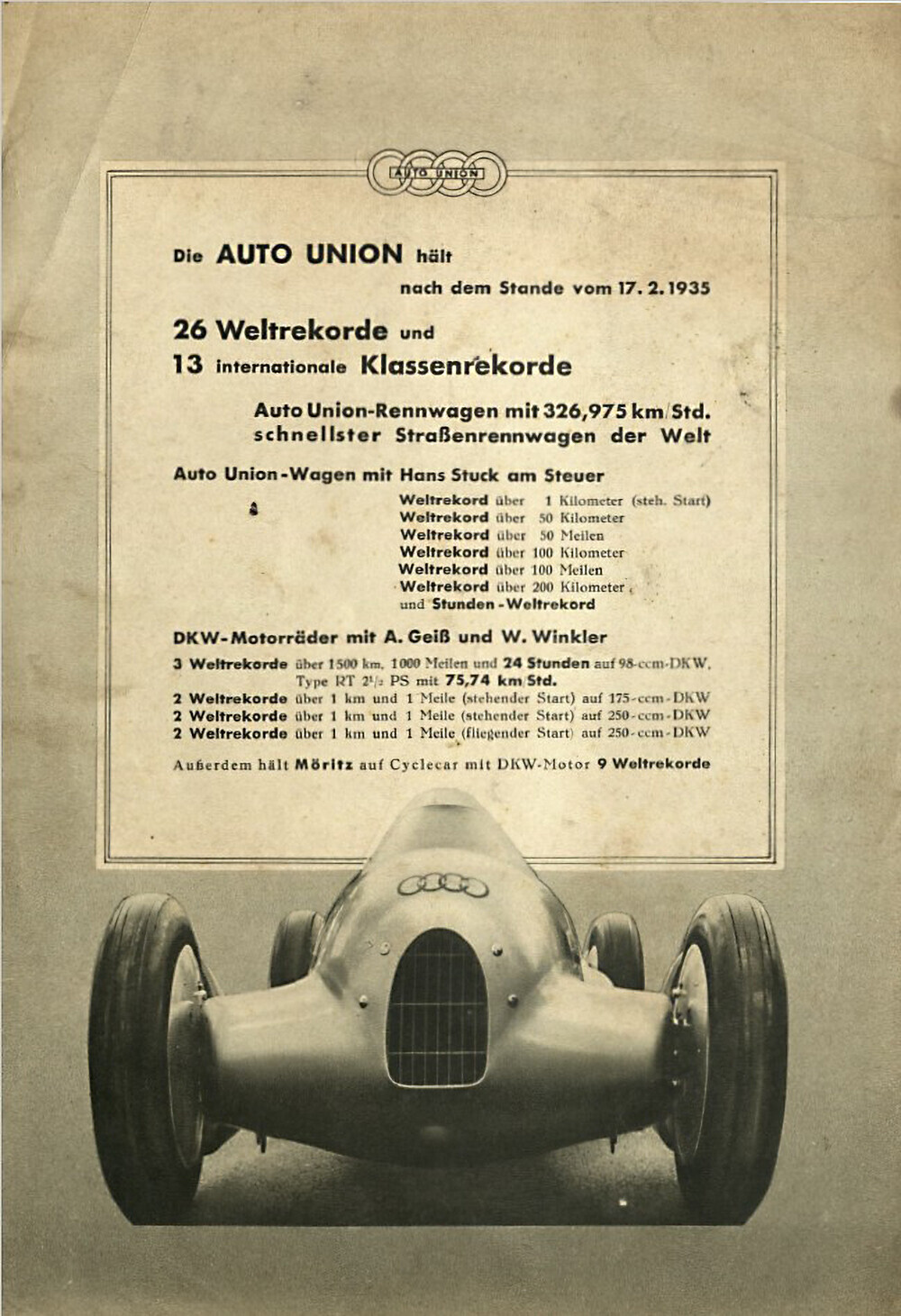 Auto Union je na promocijskem plakatu avtomobil iz Lucce predstavil kot “najhitrejši cestni dirkalnik na svetu”.